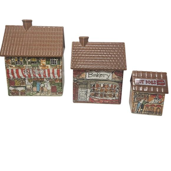 Vintage 1980 Market Street Ceramic Kitchen 3 Canister Set Enesco J. Downs Kitsch - Picture 1 of 12